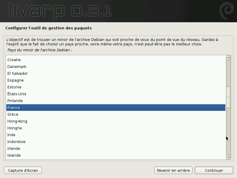 choix du pays du miroir debian