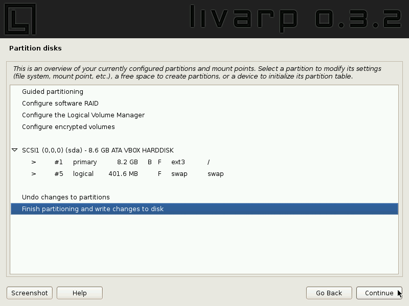 finir la configuration des partitions